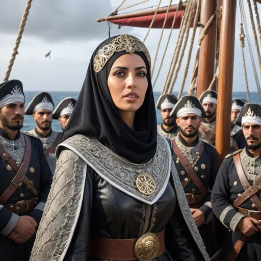 Prompt: A realistic, high-resolution image of Sayyida El Hurra, ruler of Tetouan, standing on the deck of an old pirate warship among her sailing soldiers, wearing modest traditional Moroccan royal clothing. A luxurious military shield made of black leather and silver. She covers her head with a black veil to cover her throat, and holds a shiny silver sword in her hand. It seems that she is giving an enthusiastic speech to confront the enemies. With a background of a stormy sea and a sky full of dark clouds.