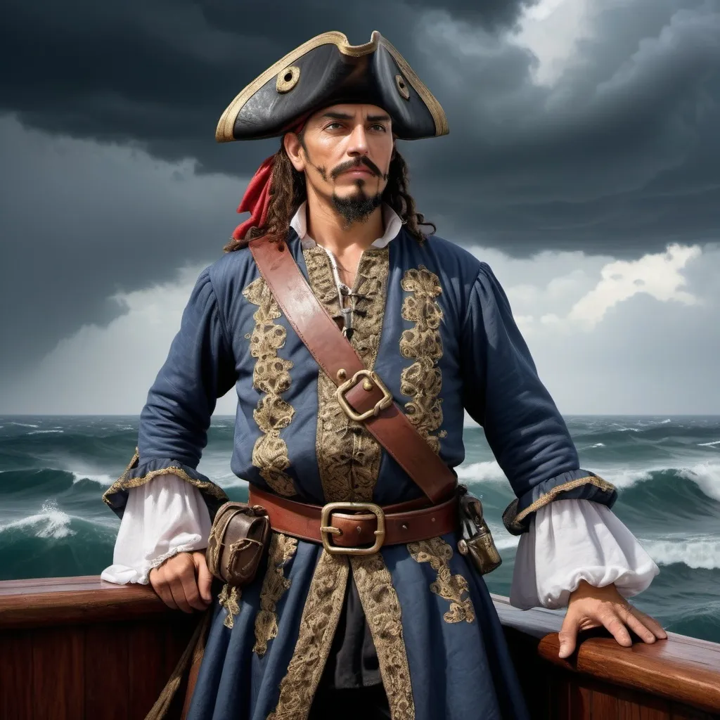 Prompt: High resolution realistic portrait of a 15th century Morisco pirate standing on the deck of a wooden pirate ship. He wears a captain's uniform with Moroccan Andalusian motifs. With a background of stormy sea and sky full of dark clouds.