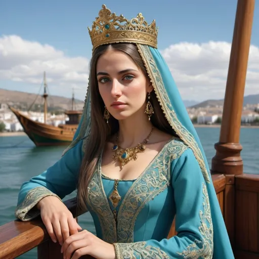 Prompt: Realistic picture. High resolution. 3D. A beautiful Andalusian princess. Her eyes are green. It stands on the deck of a wooden ship from the 15th century AD. She wears luxurious traditional blue Andalusian-Arab clothing embroidered with gold. She puts a veil on her head and slaughters her. She contemplates Granada, which looms from afar with great sadness. Background marine and cloudy sky.