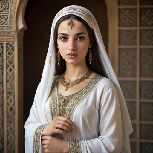 Prompt: An attractive young Arab Andalusian woman from the tenth century AD. White skin. She wears elegant and modest Arab-Islamic clothing.