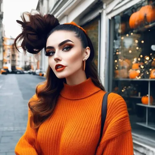 Prompt: Human  wearing a orange jumper with a pumpkin on it and has a high messy bun with black hair, black wide pants and orange sneakers she needs pale skin and vampire teeth,4k, realistic, normal looking, vivid green eyes