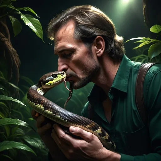 Prompt: Man kissing a snake