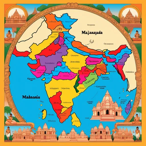 Prompt: a colorful map-style illustration of the 16 Mahajanapadas along with their capitals