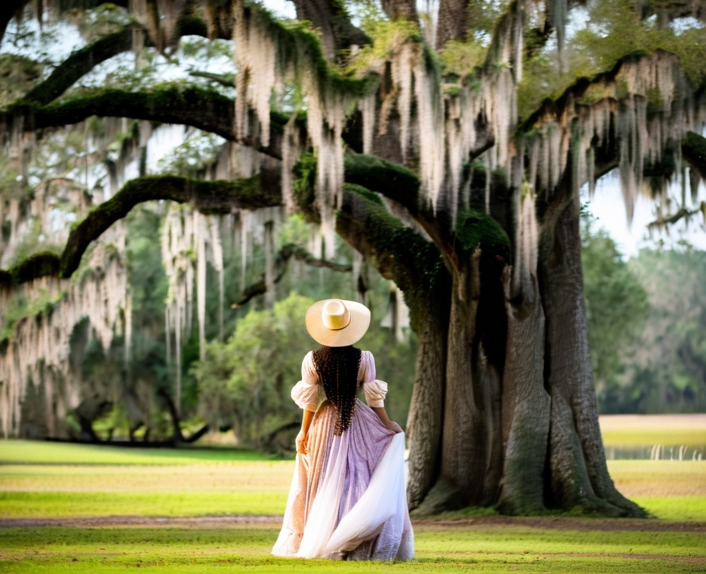 Prompt: 18th century French, Evangeline standing under an oak tree Spanish moss  looking  at  the  Bayou waiting for her forever lost love Gabriel 