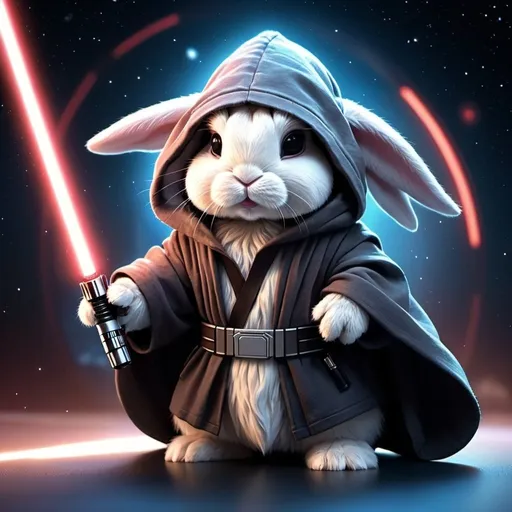 Prompt: A lop bunny holding a lightsaber, sith cloak and hoodie with cute ears visible, Star Wars galactic spaceship environment, lettering banner with the word TGe, high quality, detailed fur, sci-fi, fantasy, cool tones, atmospheric lighting, futuristic, space setting