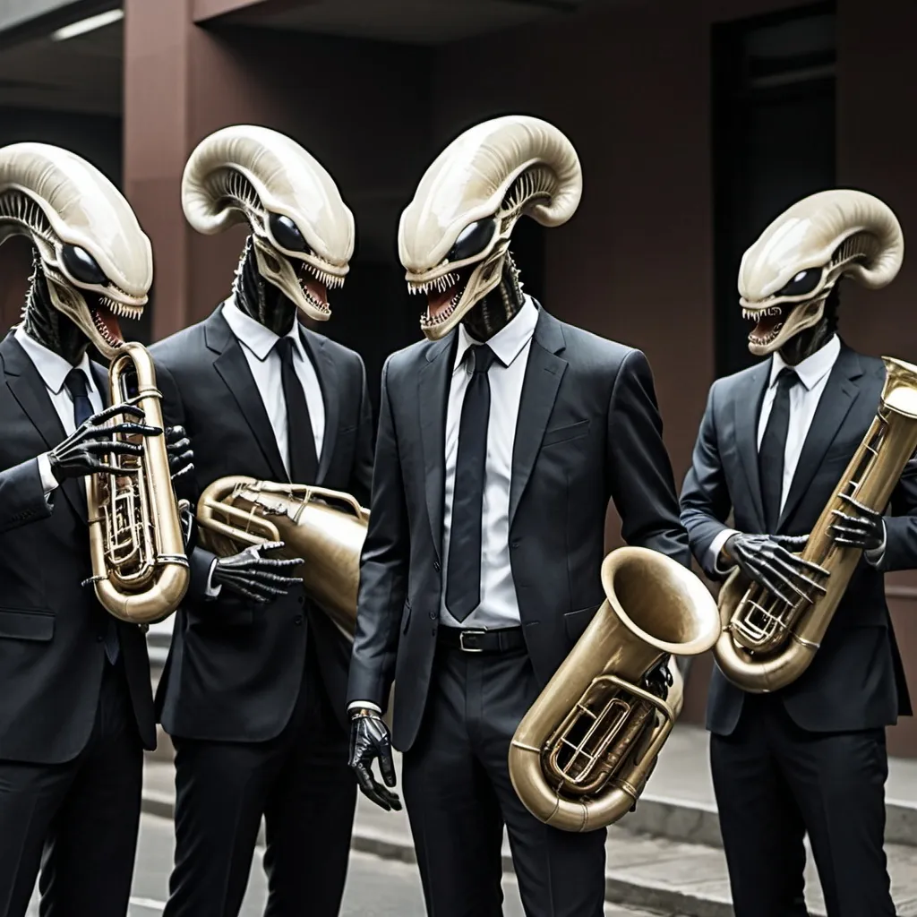 Prompt: xenomorphs wearing business suits and are playing the tuba