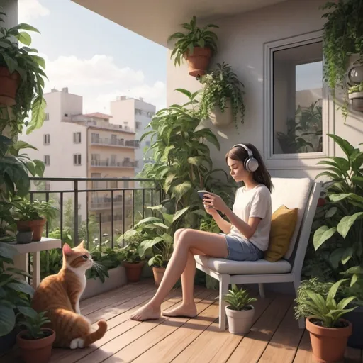 Prompt: Create an animated image of a girl listening to music on her balcony, surrounded by lots of plants. A cat is mingling around her while she is completely in tune with the music. The scene should exude a sense of tranquility and harmony with nature.