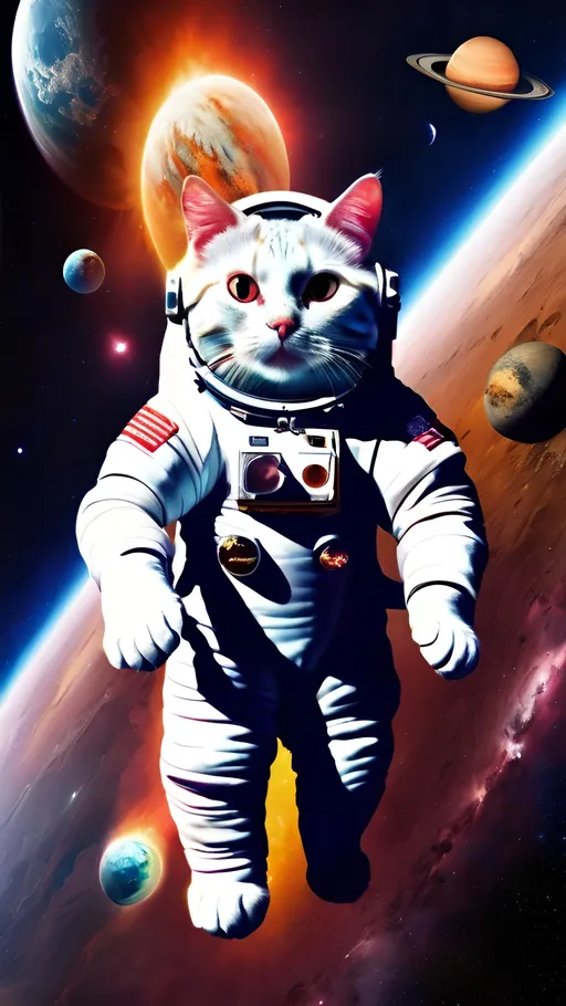 Prompt: Cat astronaut, in space, planets, nebula, galaxies, stars, realistic, super high quality