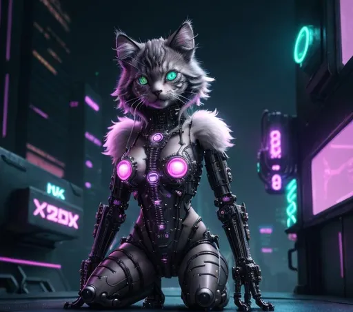 Prompt: Highly detailed kittenpunk scene, hyper-realistic 4K rendering, volumetric lighting, HD quality, cybernetic kitten with glowing neon eyes, futuristic cityscape backdrop, mechanical feline with intricate joints and circuit patterns, cool-toned futuristic atmosphere, detailed fur with lifelike textures, cyberpunk aesthetic, ultra-detailed, volumetric lighting, professional rendering, HD, 4K