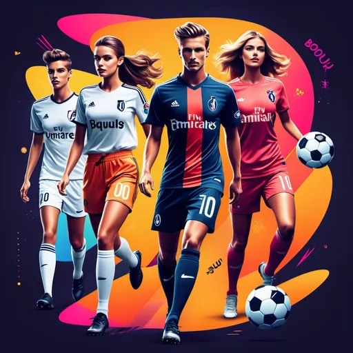 Prompt: (accurately spelled text "Bonjour") fashionable soccer players, stylish attire, ranking system, dynamic atmosphere, glamorous vibes, chic environment, sports and fashion fusion, vibrant colors, eye-catching designs, engaging layout, contemporary aesthetic, high-quality HD, ultra-detailed illustration, stylish interactions, lively backgrounds, trendsetting influences