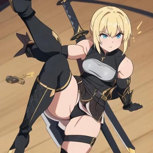 Prompt: Thick Muscular, athlete, very young looking, blonde female fantasy warrior assassin in a Black uniform fantasy that covers entire body. She has a cute, charming, good-hearted expression. Image shows face, entire body, weapons and clothing, legs, boots, feet in boots. She looks very young and cute. She uses two short swords as weapons. Black fantasy uniform covers entire body. She looks romantic and has a charming. She looks shy. Her legs are in pants. She wears pants on her whole legs.
