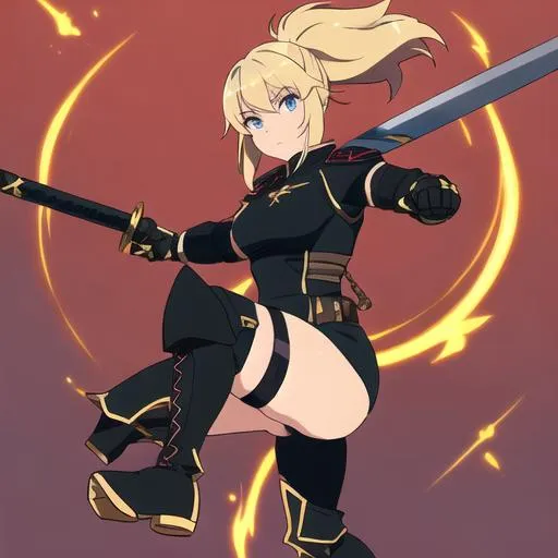 Prompt: Thick Muscular, athlete, very young looking, blonde female fantasy warrior assassin in a Black uniform fantasy that covers entire body. She has a cute, charming, good-hearted expression. Image shows face, entire body, weapons and clothing, legs, boots, feet in boots. She looks very young and cute. She uses two short swords as weapons. Black fantasy uniform covers entire body. She looks romantic and has a charming. She looks shy. Her legs are in pants. She wears pants on her whole legs.

