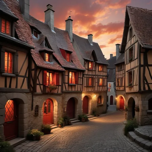 Prompt: Imagine un vieux village médiéval au crépuscule. Les maisons en pierre, aux toits de tuiles rouges, se serrent les unes contre les autres le long de rues pavées étroites. La lumière du soir, dorée et douce, éclaire les façades, projetant des ombres longues et mystérieuses. Les fenêtres des maisons sont ornées de volets en bois et certaines sont éclairées par des chandelles ou des lanternes, créant des éclats de lumière chaleureuse à travers les vitres.

Au centre du village, une petite place pavée est animée par un marché de fin de journée. Les étals en bois sont chargés de produits locaux : fruits frais, fromages, et pains croustillants. Les habitants, vêtus de capes et de chapeaux traditionnels, discutent joyeusement, ajoutant une touche vivante à la scène paisible.

En arrière-plan, un ancien château en pierre se dresse sur une colline, dominant le village. Les premières étoiles commencent à apparaître dans le ciel de plus en plus sombre, tandis que la lune monte lentement à l'horizon, ajoutant une touche de mystère et de tranquillité à la scène médiévale. L’air est frais et légèrement parfumé des herbes et des fleurs du jardin, accentuant la sérénité de ce moment dans le passé.