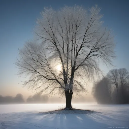 Prompt: C'est une matinée calme après une neige fraîche. Le ciel est d'un bleu clair, presque transparent, et le soleil est bas à l'horizon, jetant une lumière dorée sur le paysage. Les arbres sont couverts d'un épais manteau de neige, leurs branches se penchant légèrement sous le poids. Au sol, la neige est immaculée, avec seulement quelques empreintes de pas qui serpentent à travers le champ.

Au loin, on aperçoit une petite maison en bois, avec de la fumée s'échappant doucement de la cheminée, suggérant un feu chaleureux à l'intérieur. Les fenêtres de la maison sont illuminées, et on peut voir à travers l'une d'elles une lumière douce qui éclaire une table en bois, ornée de bougies.

Près de la maison, un sapin décoré de guirlandes et de boules colorées est planté dans la neige, ajoutant une touche de festivité à la scène. Tout autour, le silence est seulement interrompu par le léger craquement de la neige sous le vent doux. C’est une scène de tranquillité hivernale, pleine de chaleur et de sérénité malgré le froid extérieur.