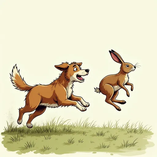 Prompt: Dibujo cómico de una persecución de un perro a una liebre
