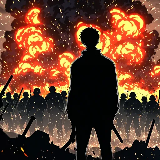 Prompt: An anime-style scene featuring a silhouette of a man standing confidently in the center of a chaotic battlefield, with his back to the viewer. The background is filled with dramatic explosions, smoke, and fire, creating a war-torn atmosphere. In the distance, enemy soldiers or figures with weapons are approaching. The scene is intense, with dynamic lighting highlighting the man as the central focus. The sky is dark with ash and sparks, and the style is anime with bold outlines, exaggerated action, and vibrant contrasts