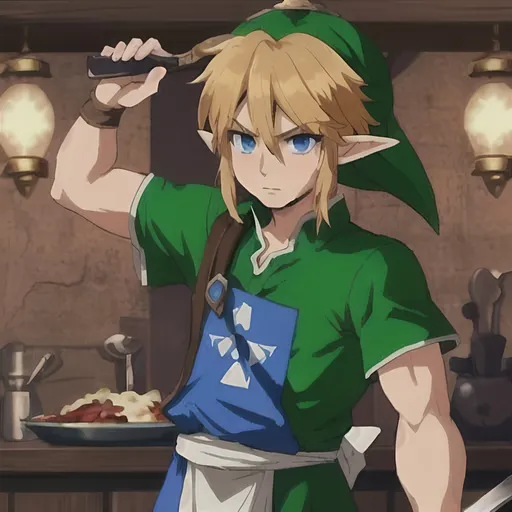 Prompt: the video game character link from the game Zelda tears of kingdom with a chef's hat on his head. A wooden spoon in his hand. Background black
