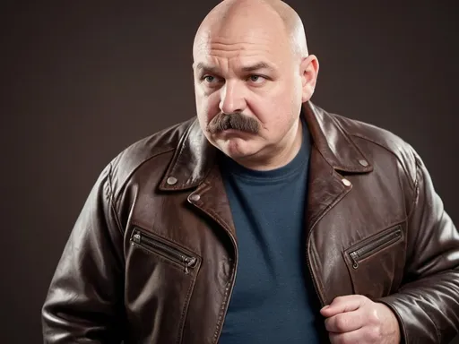 Prompt: Bald chubby middle aged man chevron moustache and facial wrinkles wearing a leather jacket