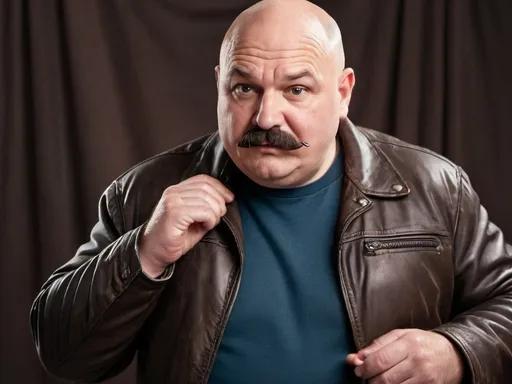 Prompt: Bald chubby middle aged man chevron moustache and facial wrinkles wearing a leather jacket