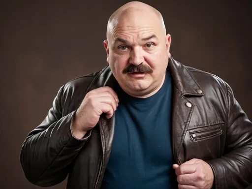 Prompt: Bald chubby middle aged man chevron moustache and facial wrinkles wearing a leather jacket