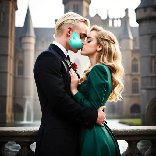 Prompt: hermione granger and draco malfoy kissing infront of hogwarts durring battle