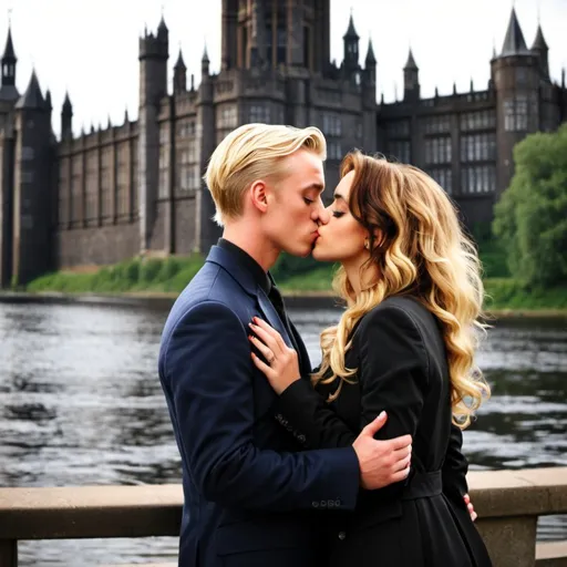 Prompt: hermione granger and draco malfoy kissing infront of hogwarts durring battle of hogwarts ron weasly shocked and vodlmort speling harry bellatrix killing fred