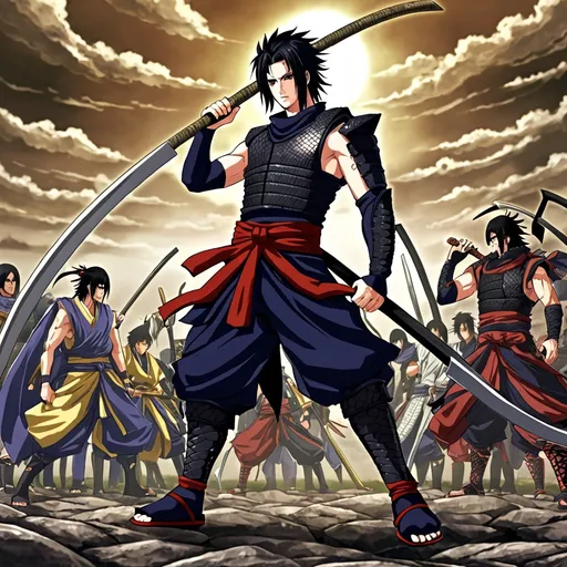 Prompt: anime, male, detailed, Sasuke hair, black hair, snake armor, very detailed, holding scythe, ninja, boots, warriors orochi