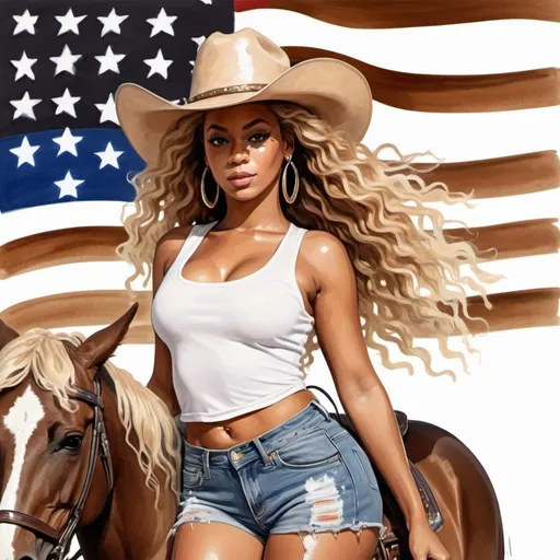 Prompt: Create a ink painting of a Beyonce AI wearing a brown cowboy hat,  jean shorts with holes, big hoop earrings, blonde hair with big waves, brown eyes, white short, riding a brown horse, with an American flag background.