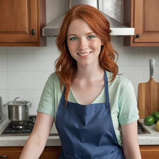 Prompt: hyper-realistic, late-20's female, red hair, pale green eyes, wearing only a loose blue apron, looking at viewer, playful smile, in kitchen, chest exposed, 18+