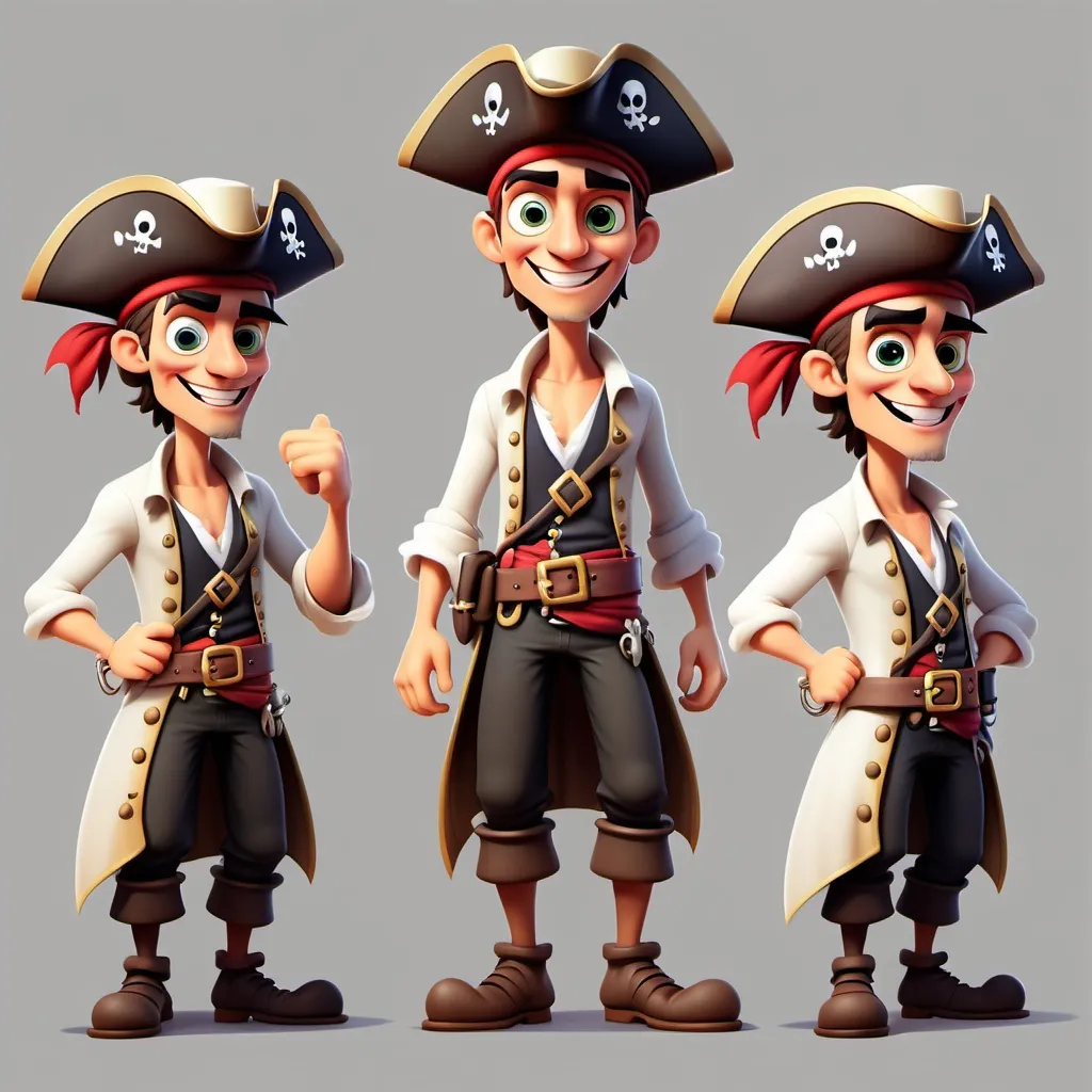 Prompt: Young man, pirate, good looking, smart, tall, simple clothes, wearing a hat
Animated , funny looking tall with no facial hair,handsome with kind smile face and more cartoonish 
Offer more options from the character u created no  fifth version from the end 
