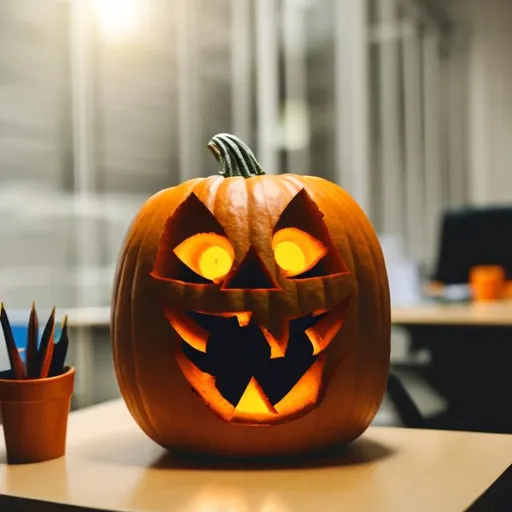 Prompt: Photo of a jack o lantern in office setting


