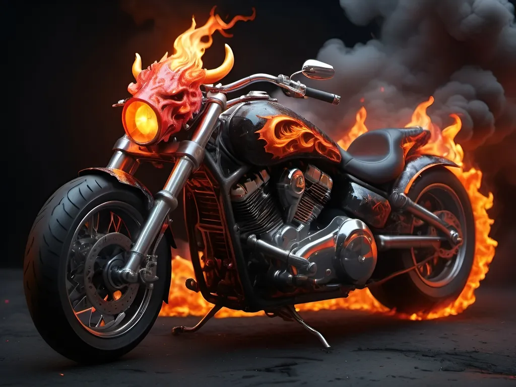 Prompt: use this image and create a motorcycle that's straight from hell, Satan's motorcycle. highly detailed, with fire, horns and lava paint job fire coming out of the exhaust 