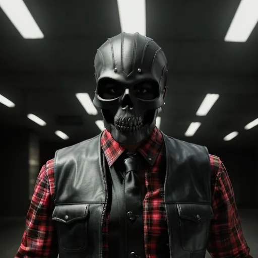 Prompt: a man wearing a leather vest and a black skull mask with a helmet on his head and a red and white plaid flannel under the leather vest, Cornelisz Hendriksz Vroom, panfuturism, vfx, a stock photo