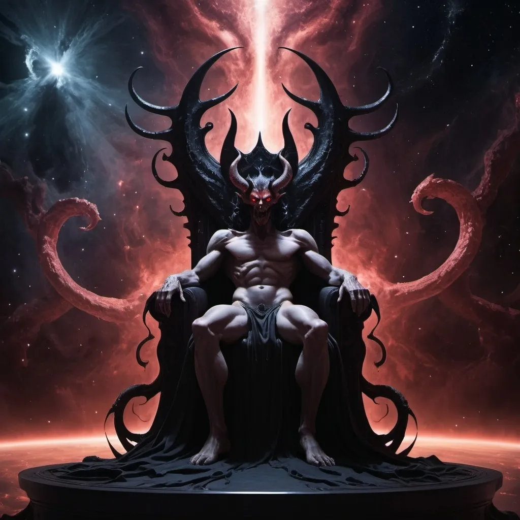 Prompt: Depict Satan as a majestic figure in a space throne, surrounded by a nebula of darkness. His eyes glow with a sinister light, and tendrils of shadow stretch across the cosmos, encapsulating the essence of temptation and despair.