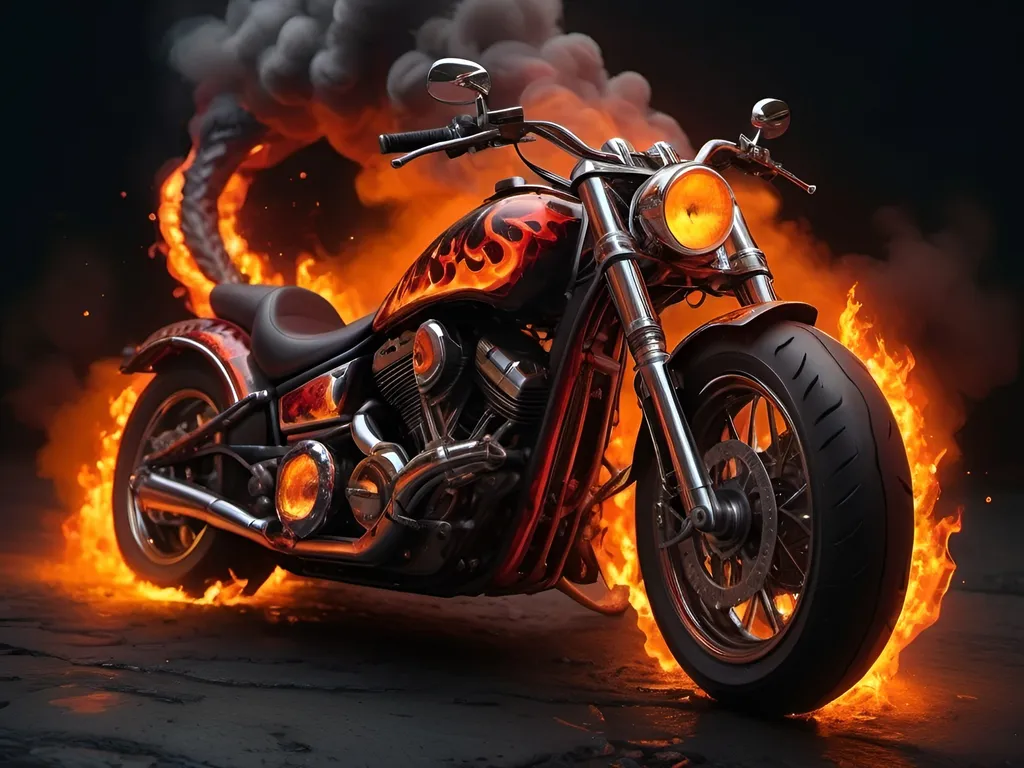 Prompt: use this image and create a motorcycle that's straight from hell, Satan's motorcycle. highly detailed, with fire, horns and lava paint job fire coming out of the exhaust 