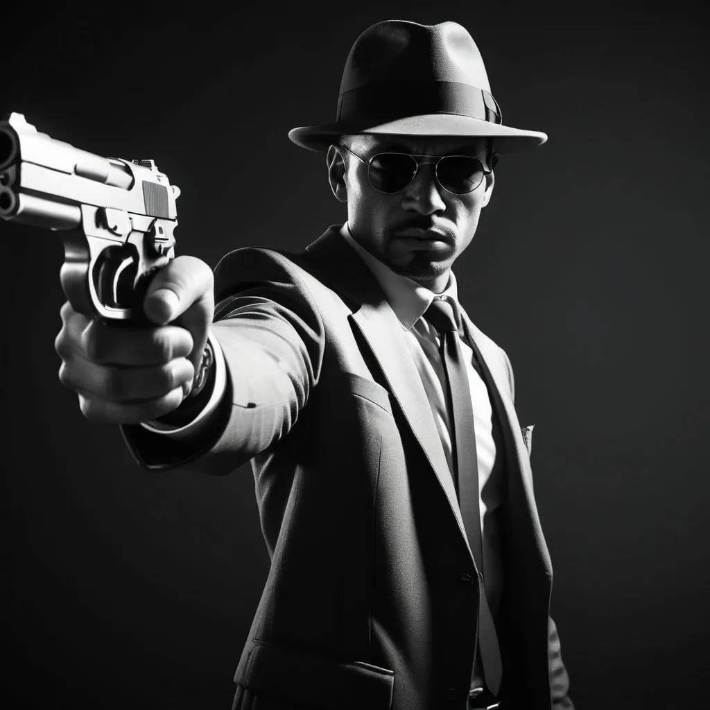 Prompt:  gangster man holding two guns, pointing to the side, facing the other direction, Beeple style, panfuturism, sleek and dynamic, high contrast, photorealistic black and white, ultra-detailed image, minimalistic yet striking background, dramatic shadows, bold and edgy vibe, cinematic composition, high-quality CGI aesthetic.