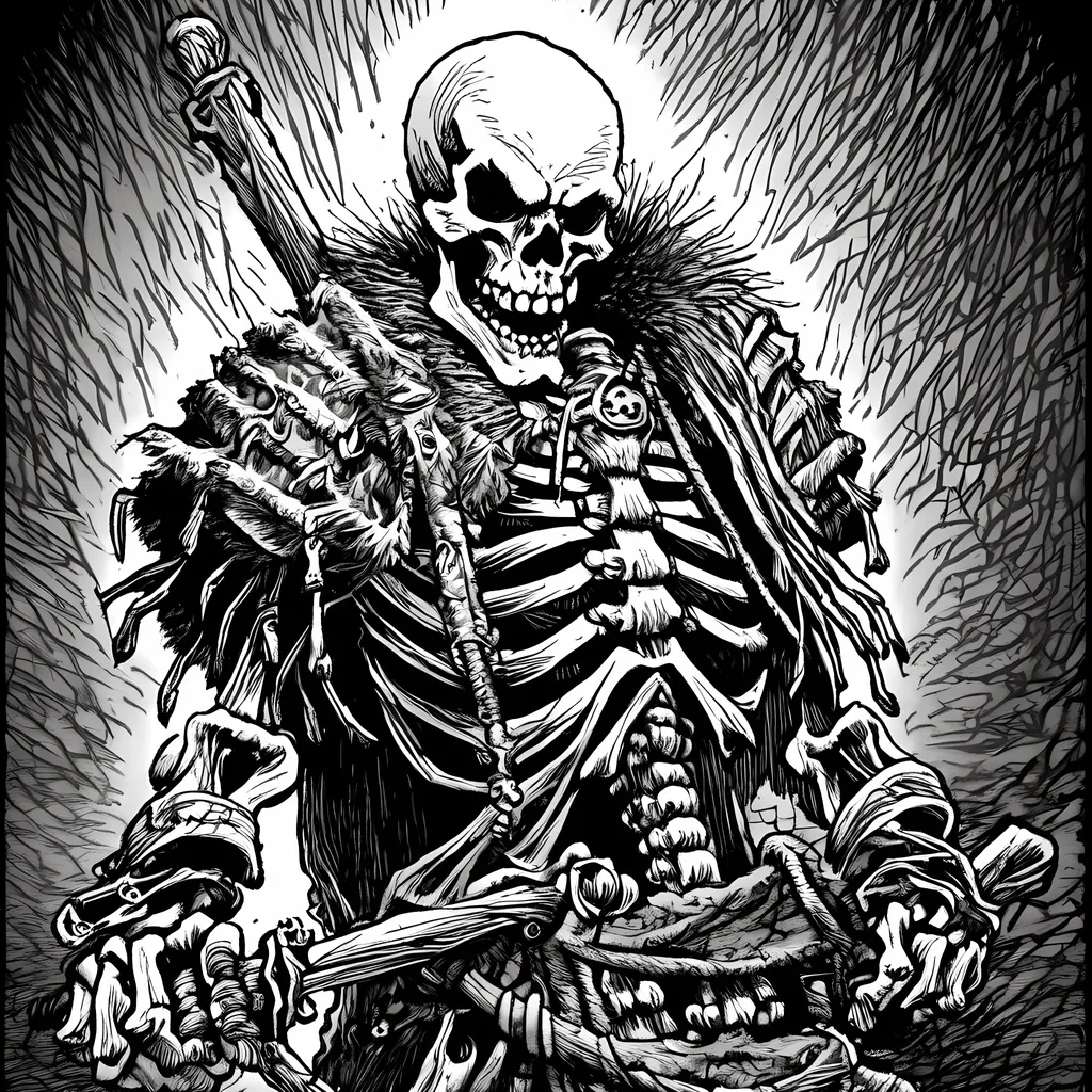 Prompt: Gangster, Hyper realistic, angry skeleton warrior, intricate bone details, menacing glare, high contrast, dark and moody, hyper-realistic, digital painting, dark tones, dramatic lighting, high definition, intense, intricate, detailed, fierce, warrior, loin cloth