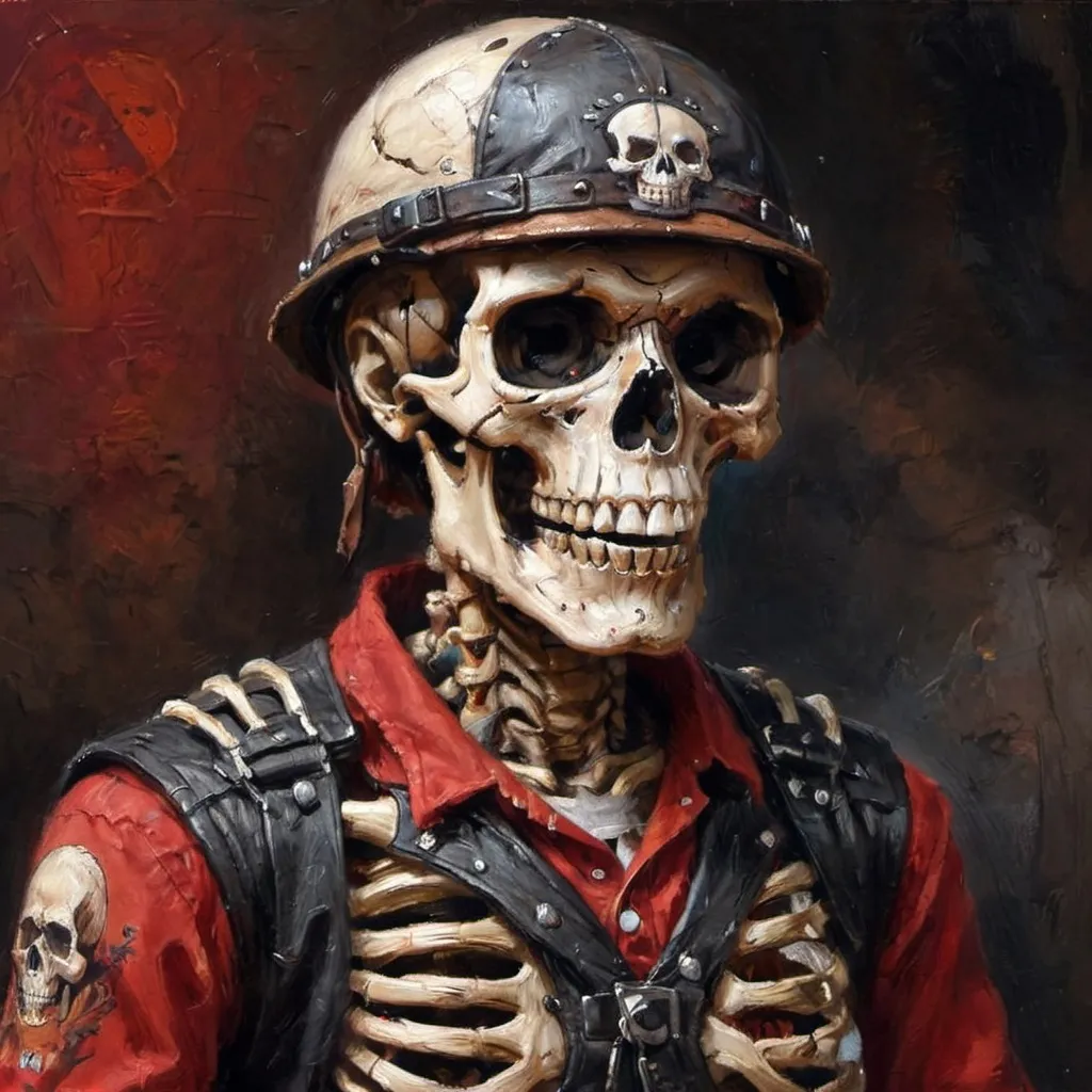 Prompt: a skeleton wearing a helmet and leather vest with a skull on it's chest and a red shirt underneath, Eddie Mendoza, sots art, arnold render, computer graphics