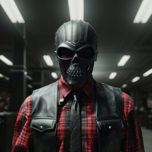 Prompt: a man wearing a leather vest and a black skull mask with a helmet on his head and a red and white plaid flannel under the leather vest, Cornelisz Hendriksz Vroom, panfuturism, vfx, a stock photo