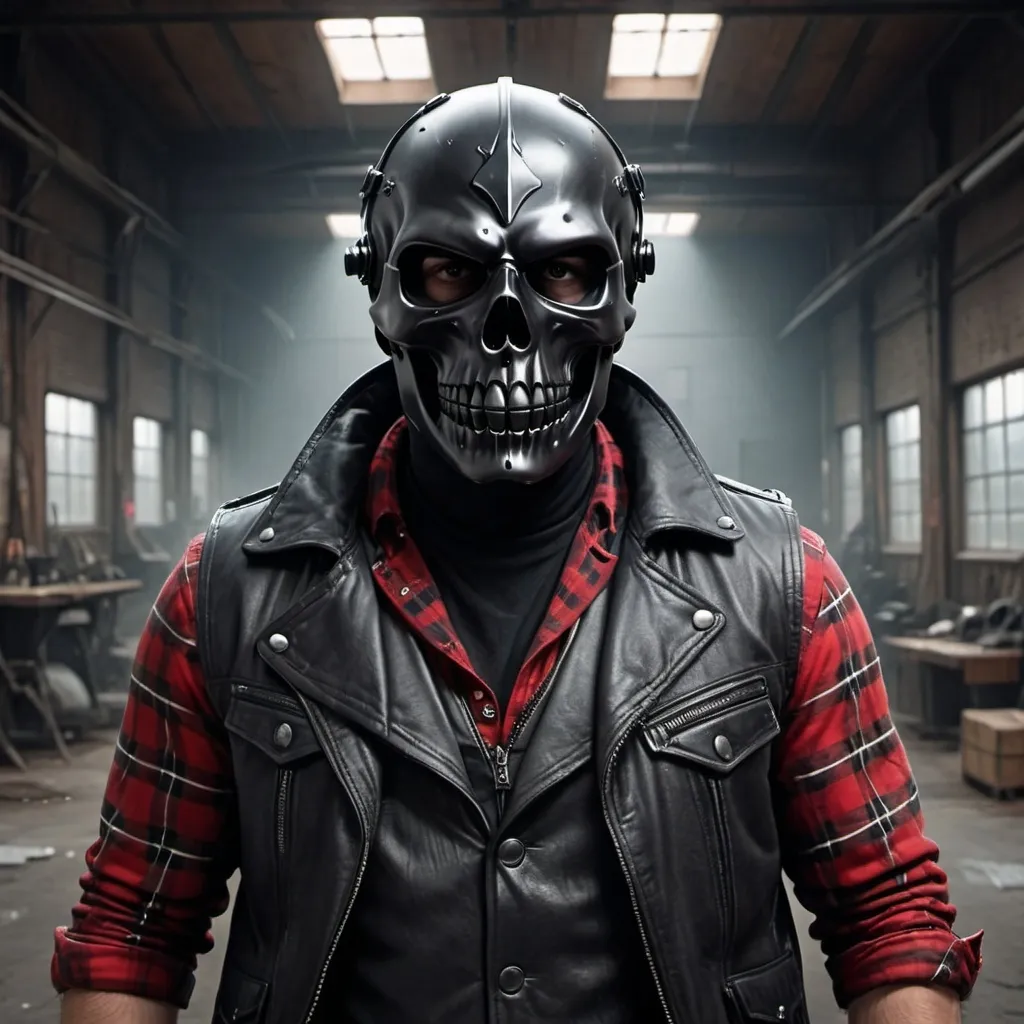 Prompt: (photorealistic) man wearing a leather vest, (black skull mask), helmet on his head, (red and white plaid flannel), inspired by Cornelisz Hendriksz Vroom, panfuturism theme, dynamic vfx elements, stock photo style, cinematic lighting, grunge textures, bold contrasts, urban backdrop. High-quality detail, 4K resolution, visually striking composition. With a mean facial expression