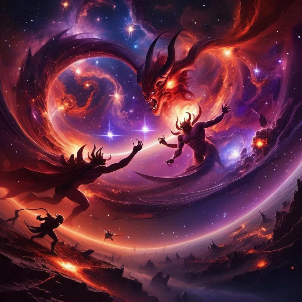 Prompt: Visualize a cosmic battle between demons and celestial beings, with the backdrop of a swirling galaxy. Fiery red and dark purple hues dominate the scene, while shimmering stars illuminate the chaos of war in the vastness of space.