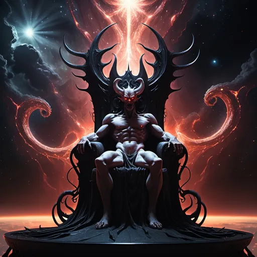 Prompt: Depict Satan as a majestic figure in a space throne, surrounded by a nebula of darkness. His eyes glow with a sinister light, and tendrils of shadow stretch across the cosmos, encapsulating the essence of temptation and despair.