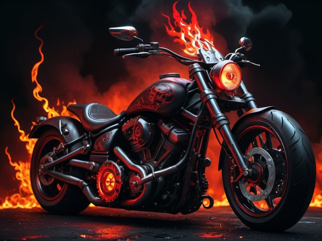 Prompt: (highly detailed motorcycle), (Satan's motorcycle), dark and fiery aesthetics, hellish design elements, flames licking the sides, a sinister red and black color palette, glowing metal parts, ominous shadows, demonic symbols etched on the body, intense illuminated eyes, surrounded by a shadowy and chaotic background, ultra-detailed, 4K, dramatic lighting and atmosphere.