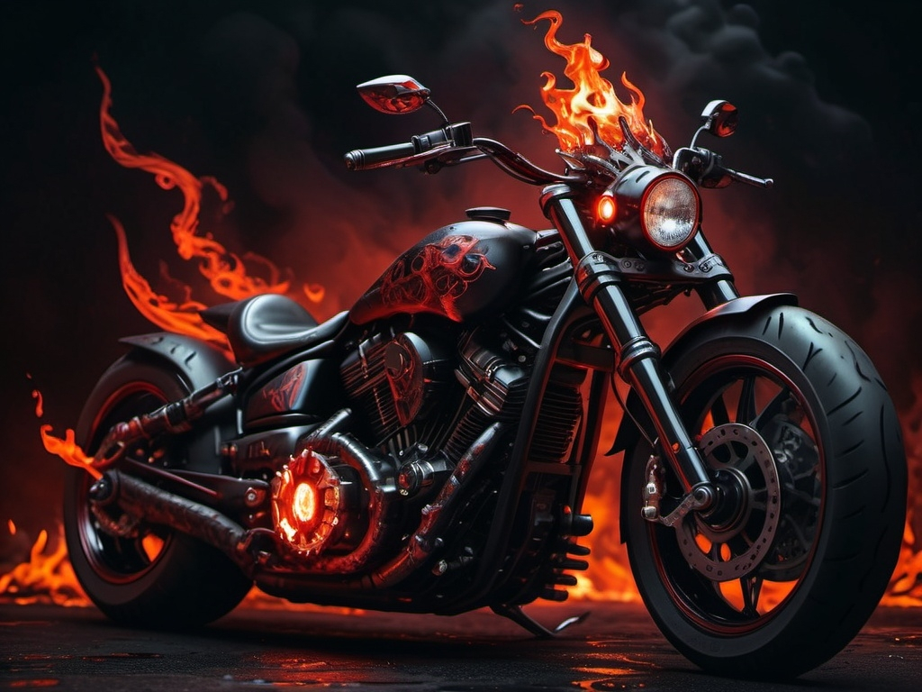 Prompt: (highly detailed motorcycle), (Satan's motorcycle), dark and fiery aesthetics, hellish design elements, flames licking the sides, a sinister red and black color palette, glowing metal parts, ominous shadows, demonic symbols etched on the body, intense illuminated eyes, surrounded by a shadowy and chaotic background, ultra-detailed, 4K, dramatic lighting and atmosphere.