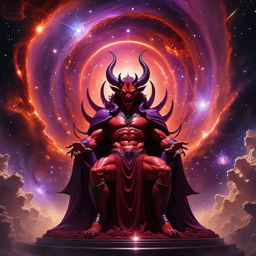 Prompt: 1. Visualize a cosmic battle between demons and celestial beings, with the backdrop of a swirling galaxy. Fiery red and dark purple hues dominate the scene, while shimmering stars illuminate the chaos of war in the vastness of space.

2. Depict Satan as a majestic figure in a space throne, surrounded by a nebula of darkness. His eyes glow with a sinister light, and tendrils of shadow stretch across the cosmos, encapsulating the essence of temptation and despair.

3. Create an eerie landscape on a distant planet inhabited by ancient demons. The ground is cracked and barren, with dark, twisted trees reaching for a blood-red sky. Strange creatures lurk in the shadows, embodying fear and malevolence.

4. Illustrate a forbidden ritual in the depths of space, where hooded figures summon demons from a dimensional rift. The energy crackles around them, and ghostly images of the devoured universe swirl within the rift, hinting at the power unleashed.

5. Imagine a cosmic library guarded by demonic entities, filled with ancient texts on the universe's secrets. The shelves, floating in zero gravity, are illuminated by ethereal light, casting long shadows as the demons whisper forgotten knowledge to any daring enough to enter.