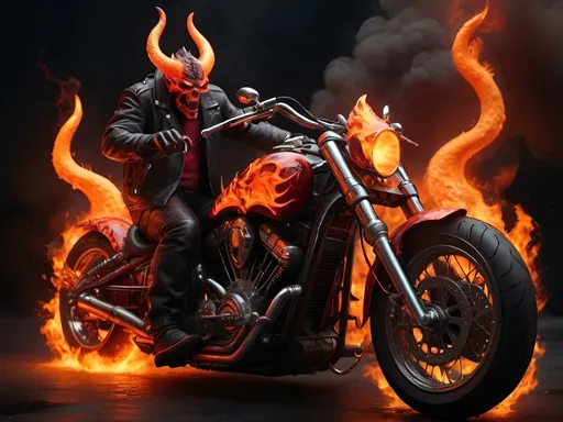 Prompt: use this image and create a motorcycle that's straight from hell, Satan's motorcycle. highly detailed, with fire, horns and lava paint job fire coming out of the exhaust 