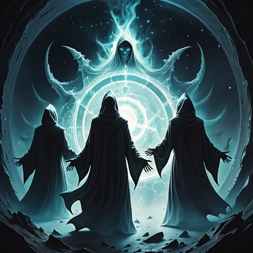 Prompt: Illustrate a forbidden ritual in the depths of space, where hooded figures summon demons from a dimensional rift. The energy crackles around them, and ghostly images of the devoured universe swirl within the rift, hinting at the power unleashed.