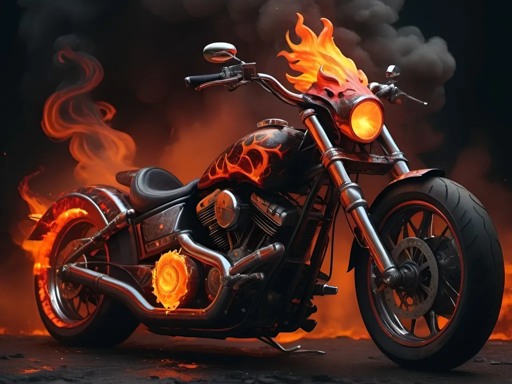 Prompt: use this image and create a motorcycle that's straight from hell, Satan's motorcycle. highly detailed, with fire, horns and lava paint job fire coming out of the exhaust 