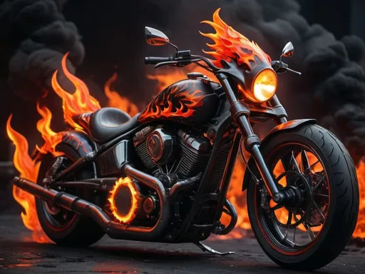 Prompt: (hellish motorcycle), highly detailed design, sinister horns, molten lava paint job, vibrant orange and red flames, dynamic fiery exhaust flames, intense atmosphere, dark shadowy background, evil gothic influences, ultra-detailed, dazzling contrasts, high-quality 4K image, dramatic lighting, a breathtaking scene evoking a sense of danger and thrill.