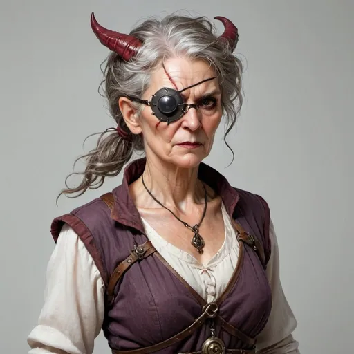 Prompt: Fantasy Realism, Older woman, wiry hair, eyepatch, demonologist studier, empty background, torso and above